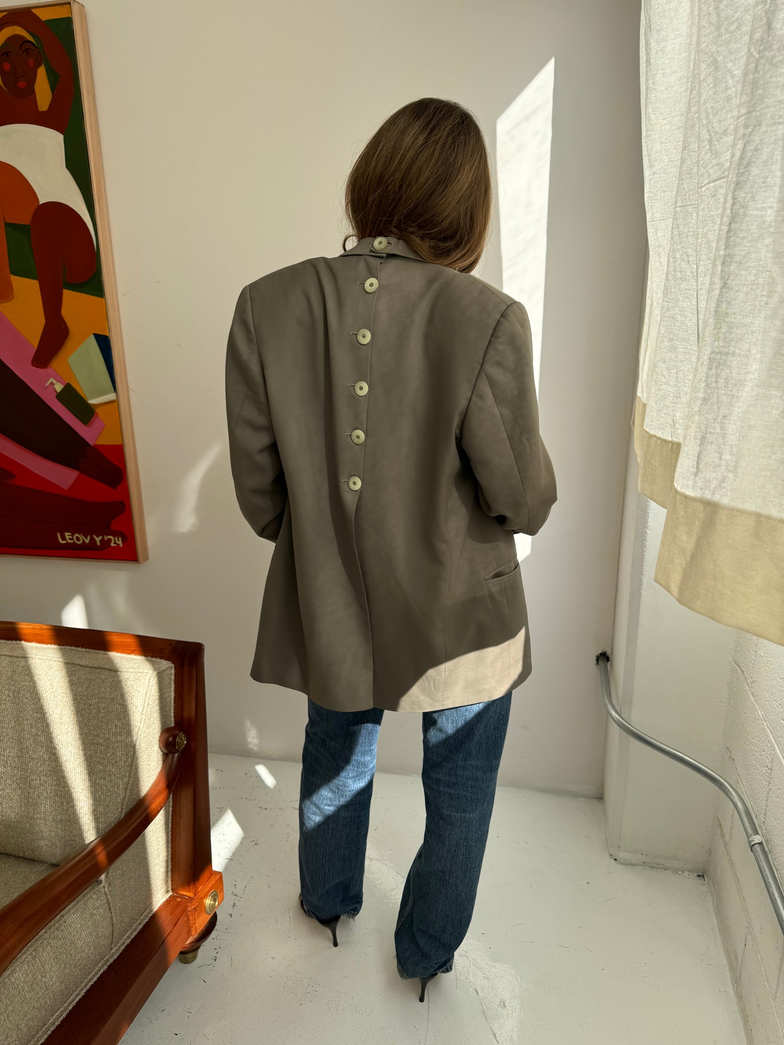 Green button back blazer