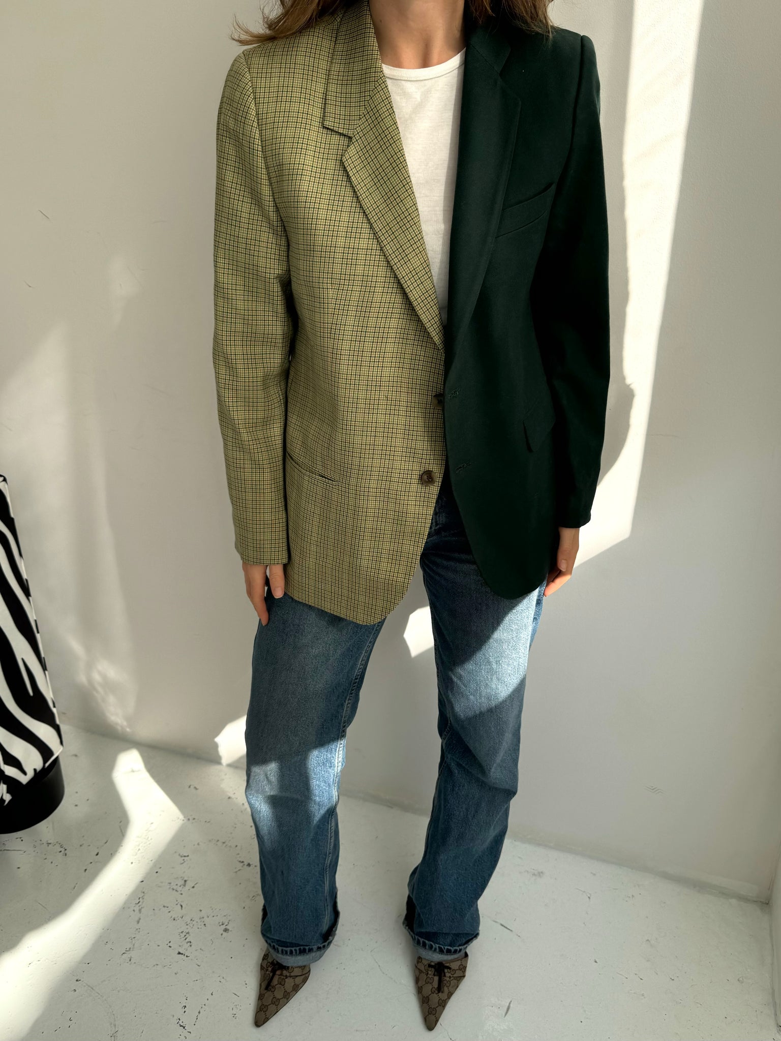 Green and green checkered contrasted blazer