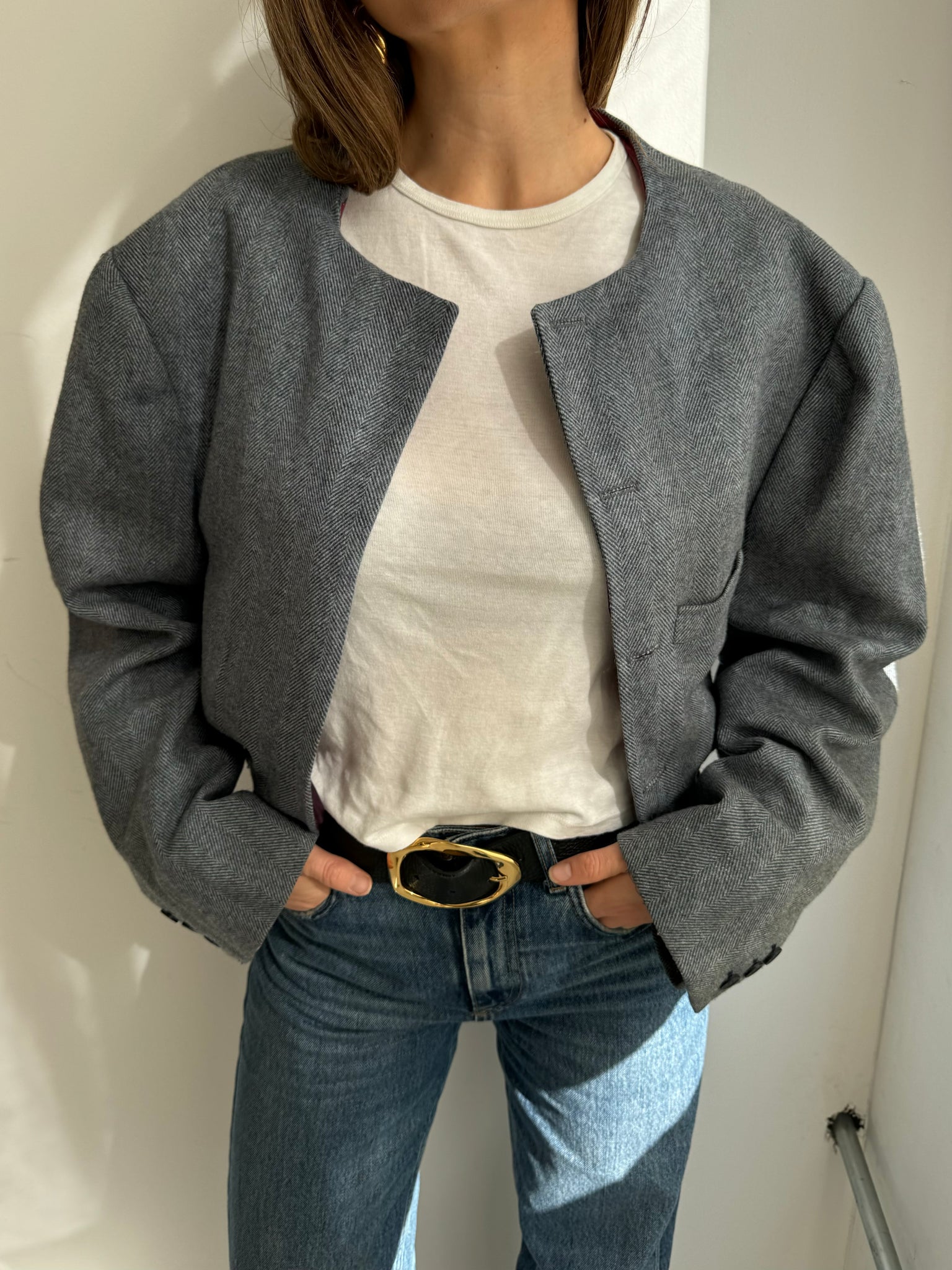 Grey herringbone bomber jacket