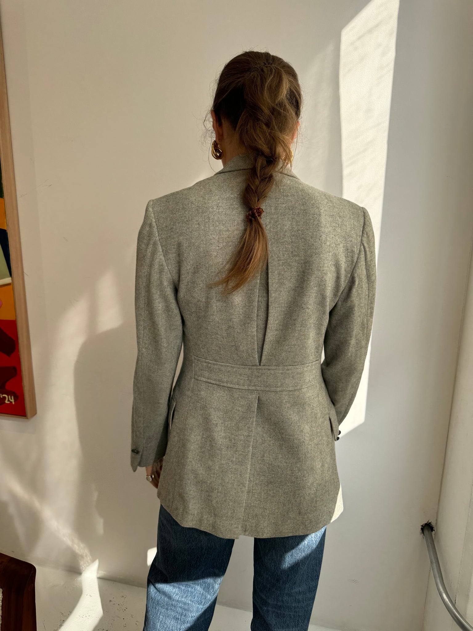 Beautiful grey herringbone blazer with stunning back details