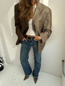 Pale brown and plaid silk mix contrasted blazer