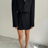 Cropped skirt suit in navy pinstripe