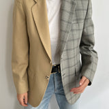 Grey checkered and beige contrasted blazer