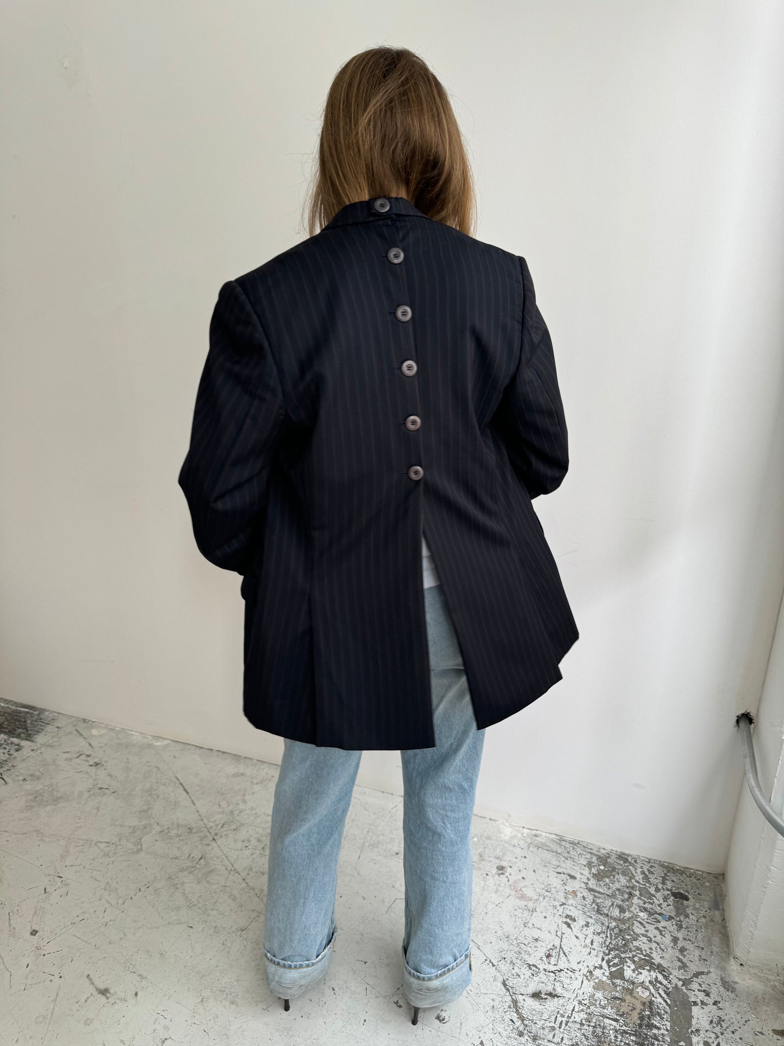 Navy pinstriped Button back blazer